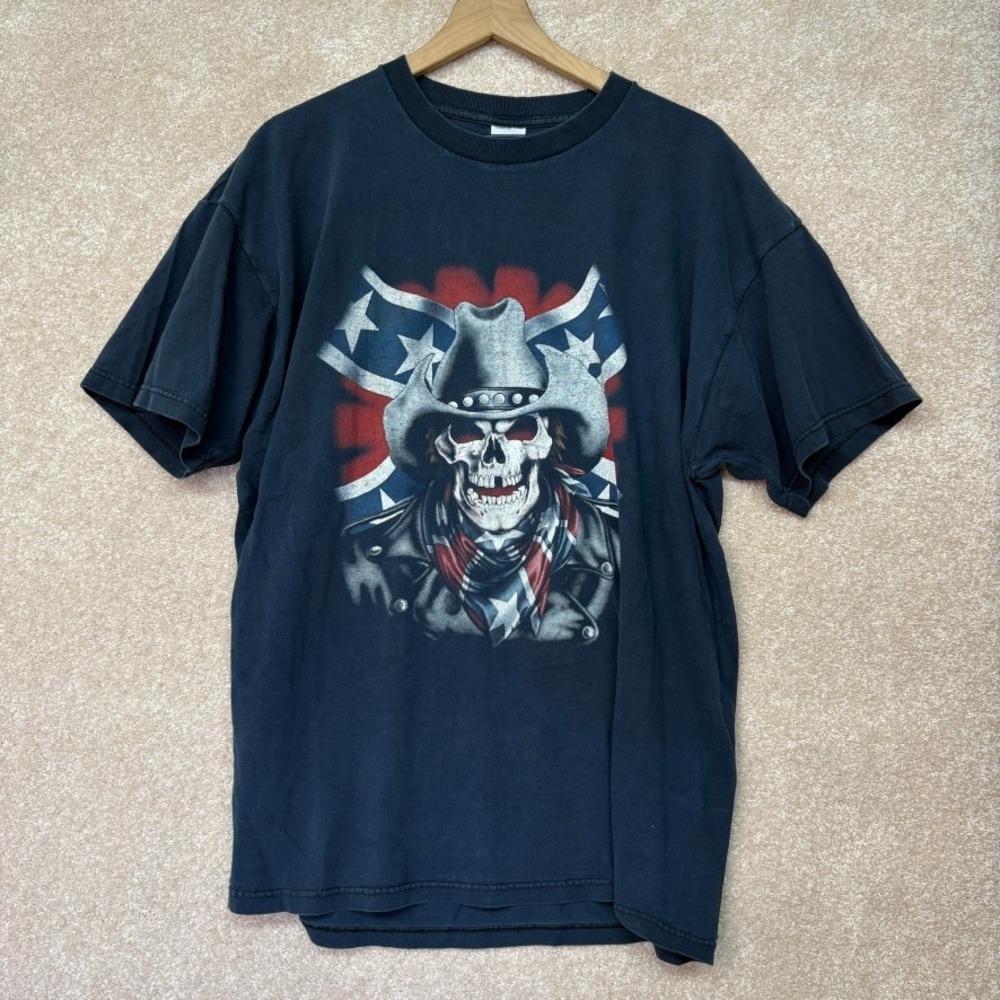 VINTAGE USA Y2K Black Thunder Sportswear Skull Rebel Cowboy‎ Shirt Size 2XL FLAW
